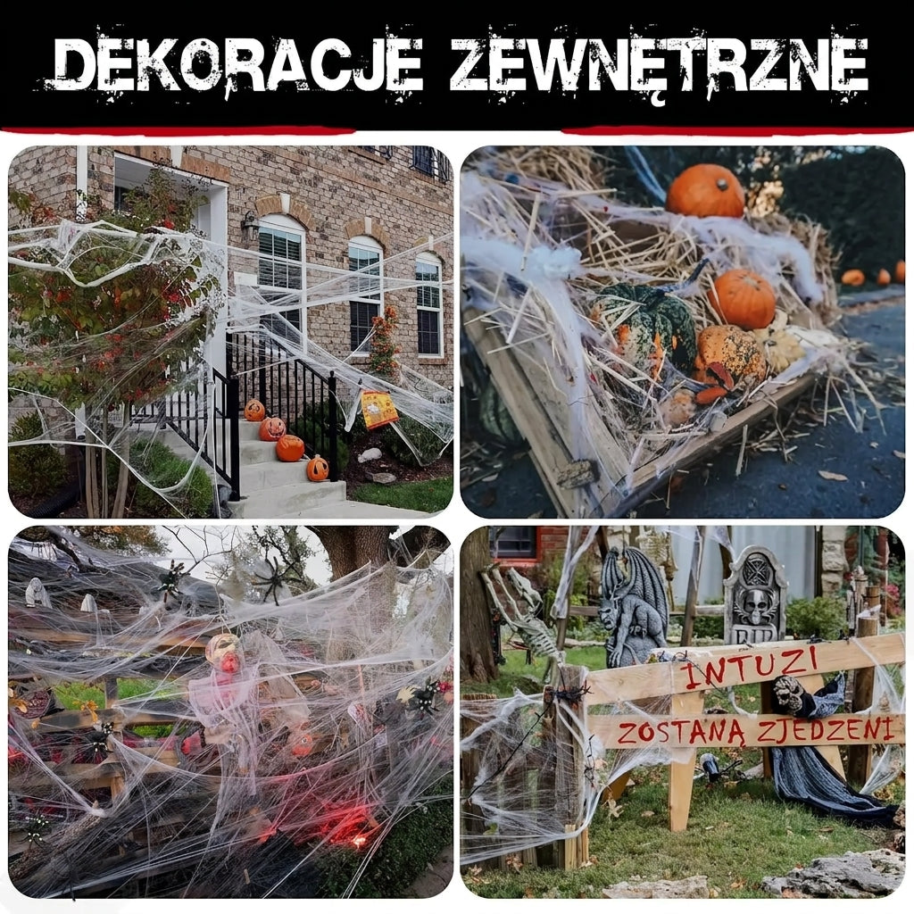 **Pajęczyna Halloween z Pająkami – Elastyczna Dekoracja Horror**